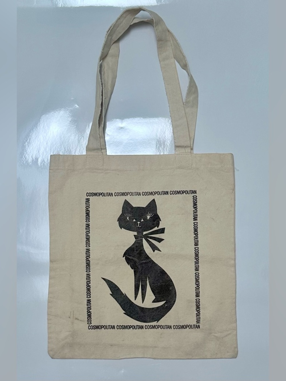 Vintage Cosmopolitan Beige Tote with Black Cat Print
